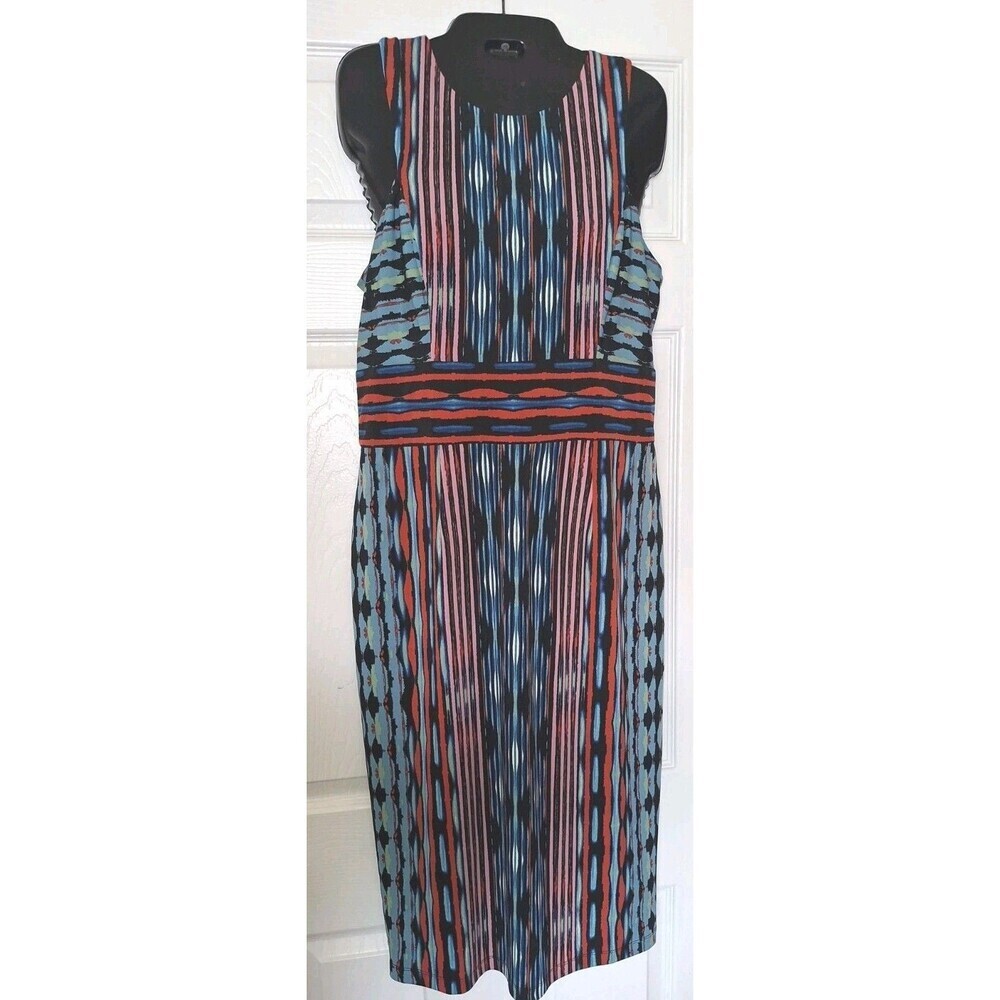 Maggy London Sleeveless Midi Dress Size 10 Eclectic Stripped Lined Stretch